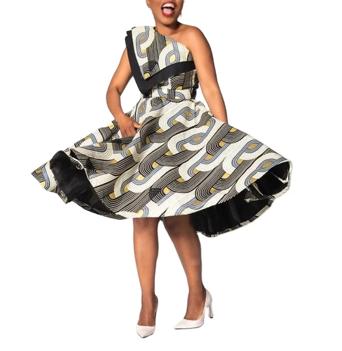 OEM Custom Africa Print Dress Plus-Size Asymmetric One Shoulder Fashion Midi Dress Women