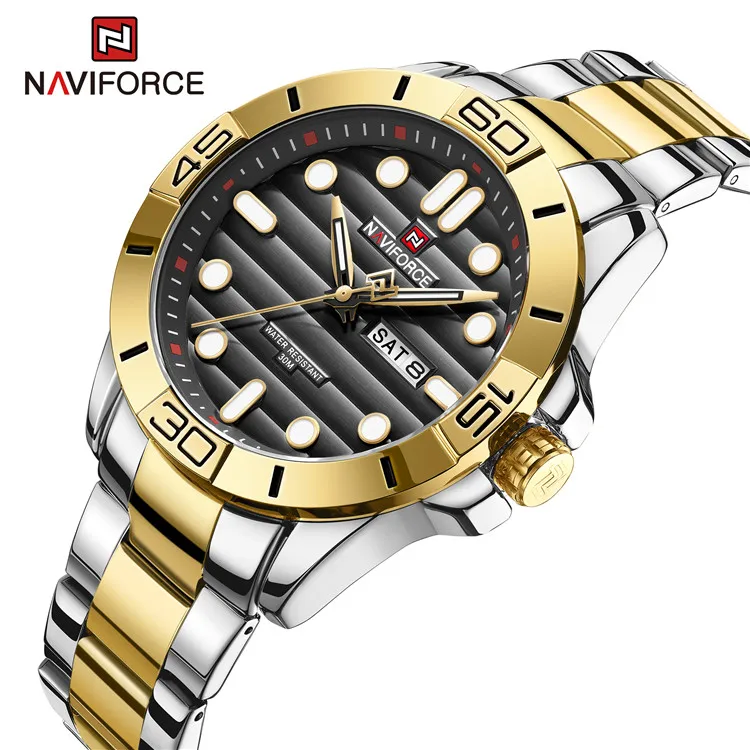 NAVIFORCE 9198 повседневные спортивные часы для дайвинга мужчин Роскошные мужские из нержавеющей стали модные кварцевые 1n14 золотые