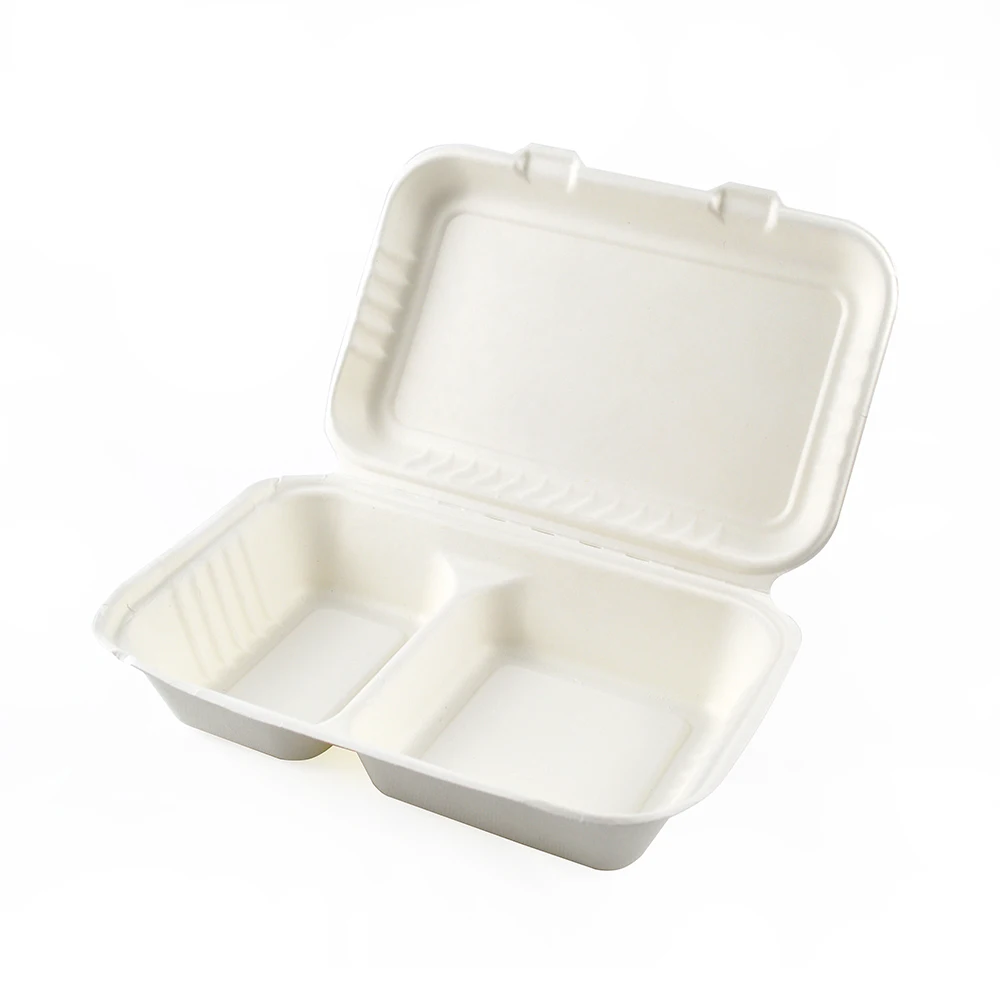 9x9 3-Compartment Clamshell Take out Food Container 100% Compostable Disposable To-Go Containers with Hinged Lid Togo Plates