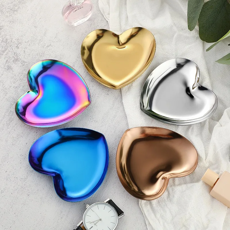 Mini Heart Shaped Jewelry Storage Trays Stainless Steel Jewelry Display Tray Home Decoration Serving Plate Shell Shape Dish