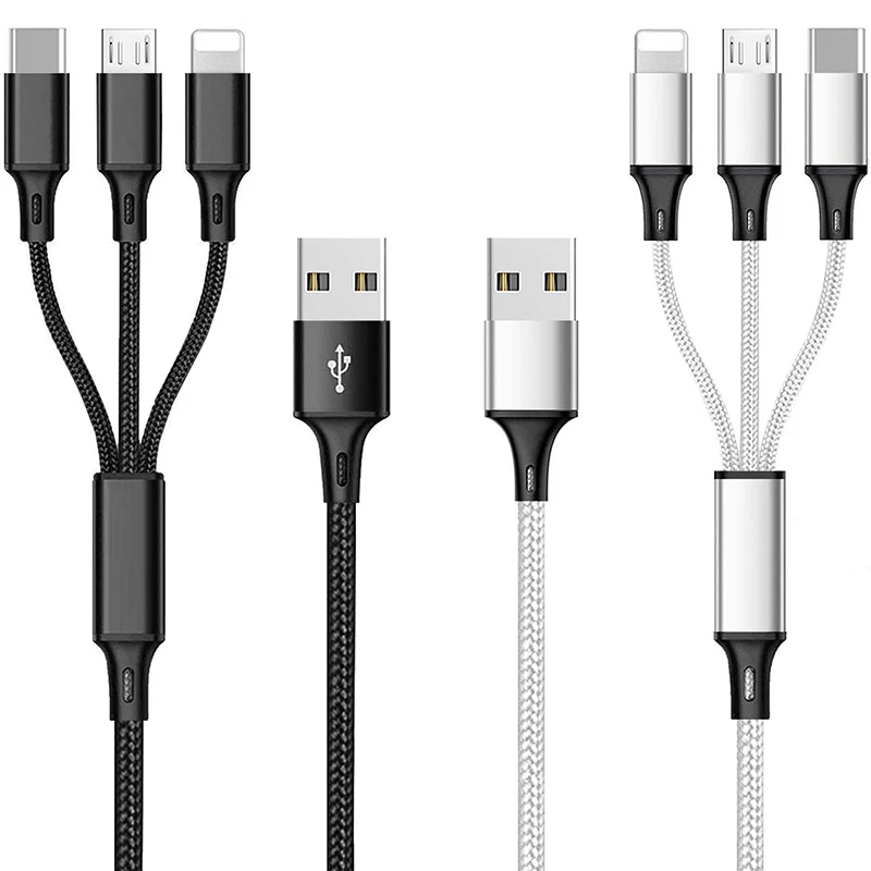Dropshipping 3 in 1 Nylon Braided Multi USB Cable Multiple Charger Fast Charging Cord Compatible with Most Smart Phones & Pads