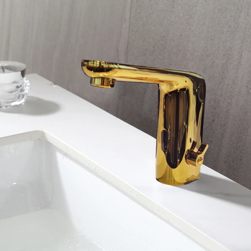 Automatic basin faucet  deck mounted Golden color  polished full brass mixer water ac /dc  battery power  grifo con sensor