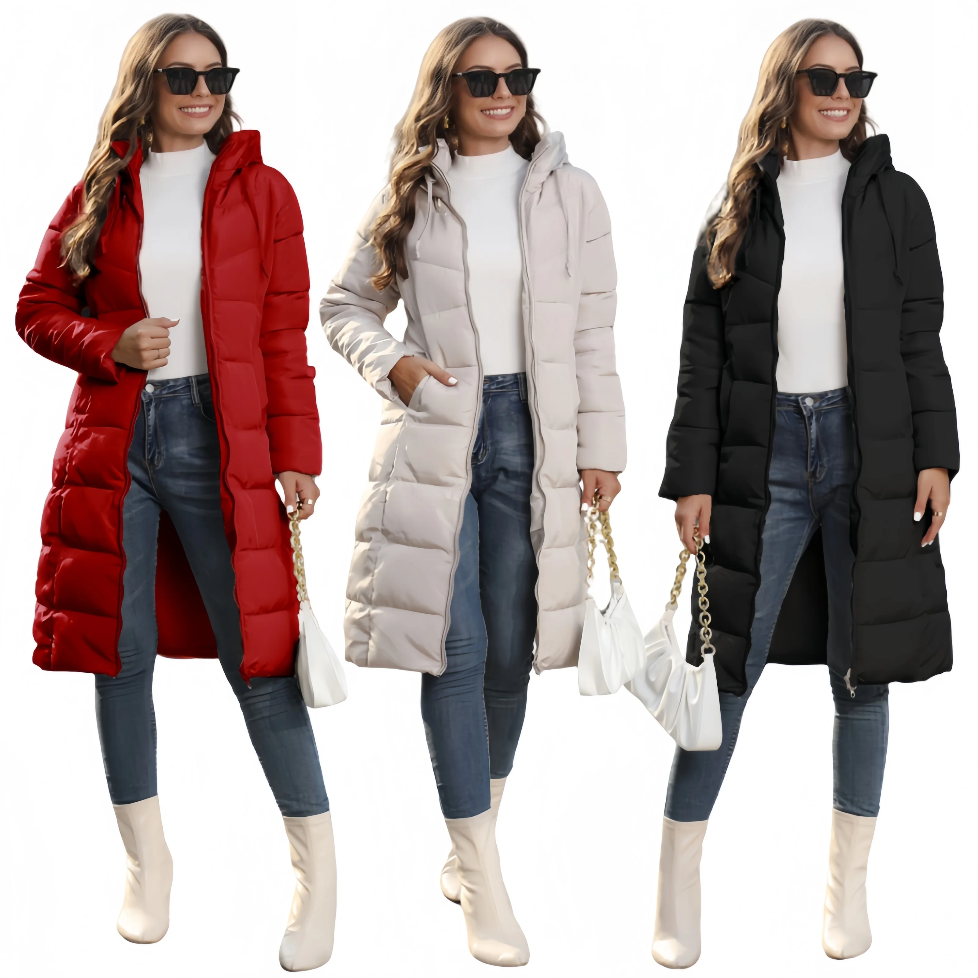 Women Long Slim Cotton Coat Long Sleeve Pockets Zipper Up Hooded Overcoat Autumn Winter Lady Fashion Parkas Coats