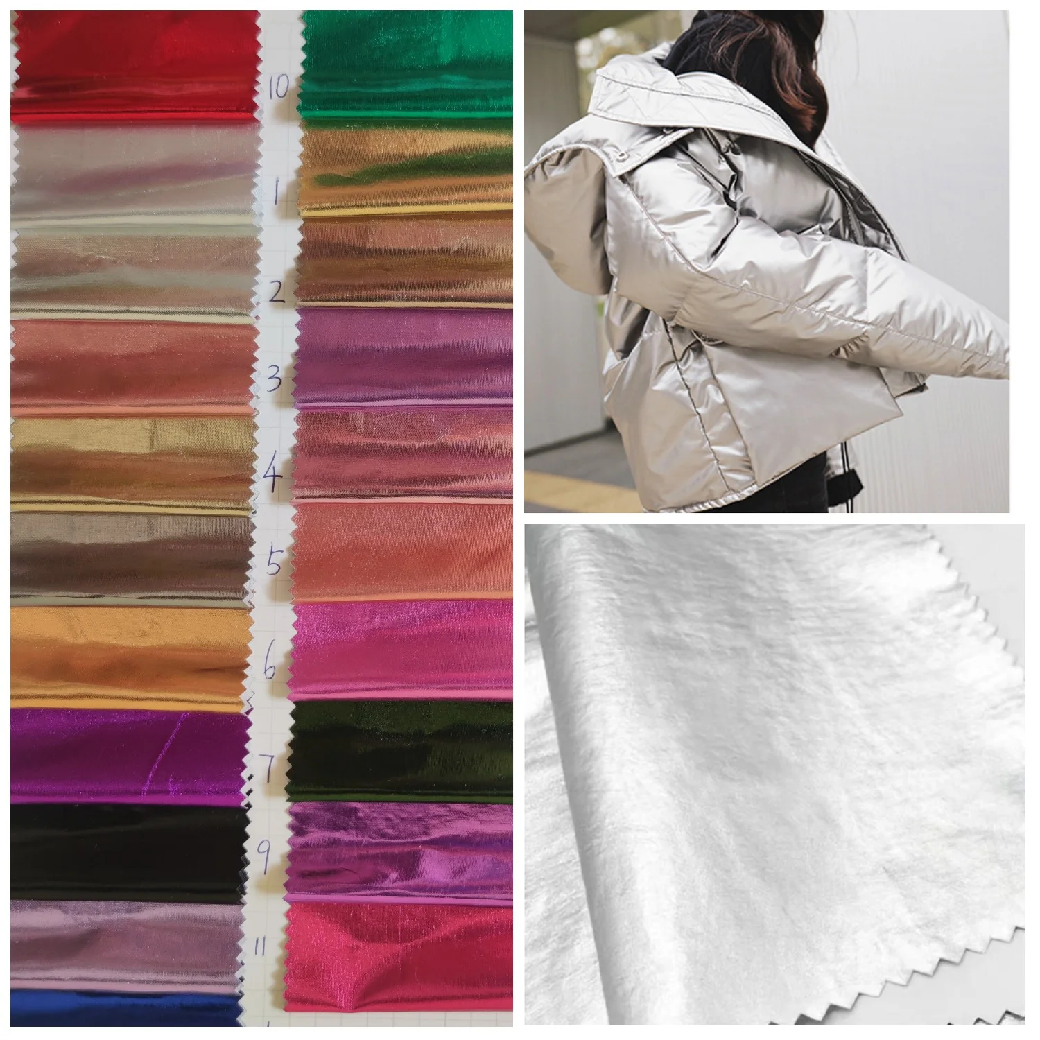 Metallic Foil color shiny glossy coating woven non stretch polyester waterproof fabric for bag Glitter Fabric for coat, jacket