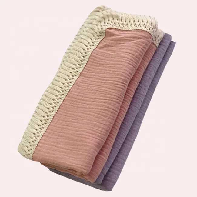 Custom Crinkle Cotton Muslin Gauze White Blanket Cotton Baby Blankets With Tassels