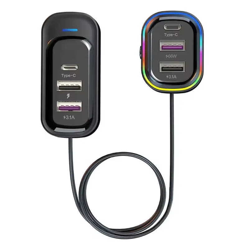 66W Dual Type C 6 Ports Super Fast Car Charger Adapter Qc3.0 Type C Car Charger For iPhone Rear Seat Fast Charge Charging