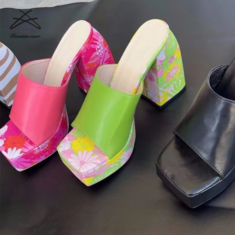 2024 New Women Square Toe Thick Sole Big Chunky High Heels Ladies Wedge Platform Sandals Stripper Shoes Slide Sandals Shoes