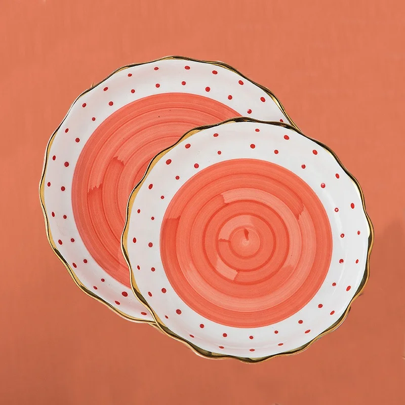 Household Japanese polka dot design ceramic orange glaze bowl plate steak plate