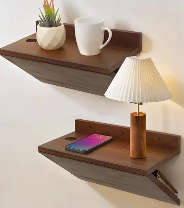 Wood Wall Floating Nightstands Set of 2 with Cable Hole Bedside Table Lightweight Small Night Stand Hanging For Wall Storage