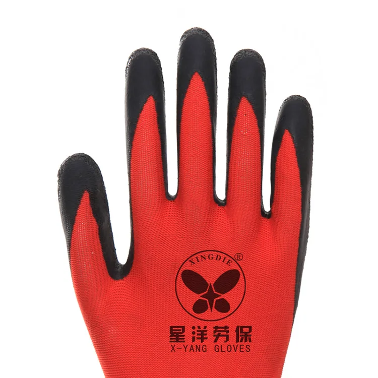 
Рабочие перчатки Xingyang 13 г, красные полиэфирные черные латексные перчатки со складками, латексные рабочие защитные перчатки 