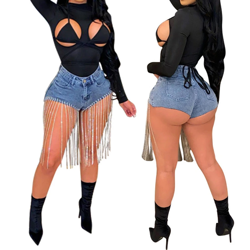 Fashion Women Sexy Tassel Jeans Decorative Chain Jeans Shorts Casual High Waist Club Denim Shorts