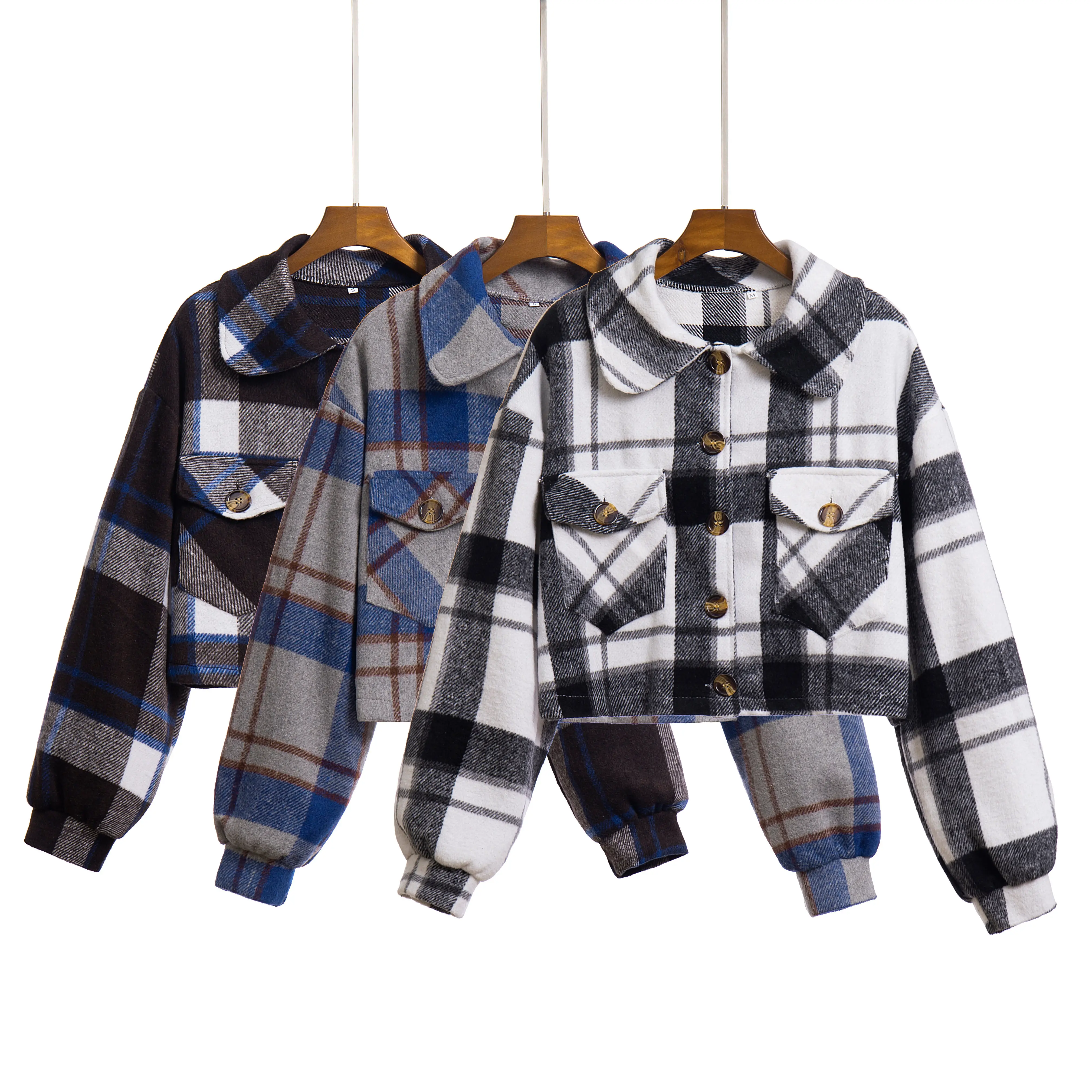 Autumn and winter new plaid short lantern sleeves long sleeve woolen jacket for women