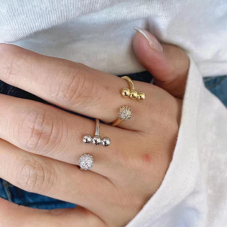 Ins Style Latest Special Design New Type Zircon Adjustable Copper Open Ball Ring Jewelry For Women