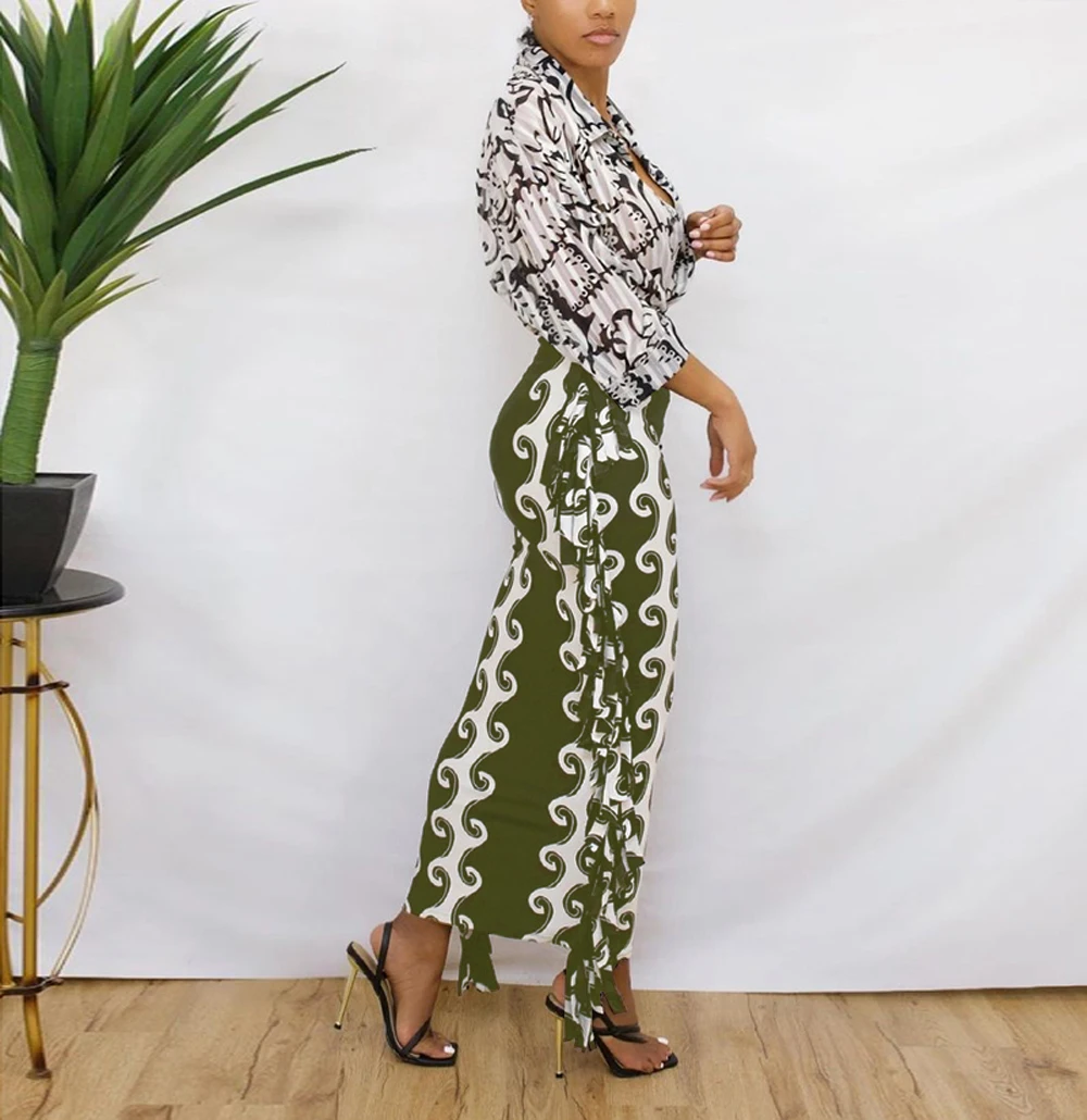 Fall Clothing Women Casual Color Block High Waist Tassel Pencil Long Maxi Skirts Mid-length Skirt