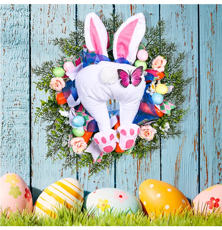 2023  New Design Easter Decoration Creative 18 Inch Garland With Soft Bunny Doll Kawaii  Easter Wreath Home Party Photo Props