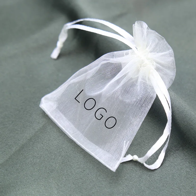 small packaging custom white organza drawstring bags with logo wholesale for party gift jewelry organza bags
