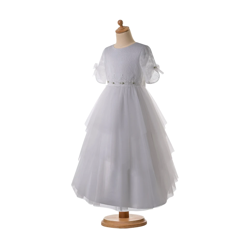 Elegant White Lace First Communion Dress with Floral Waistband and Tiered Tulle Skirt for Girls