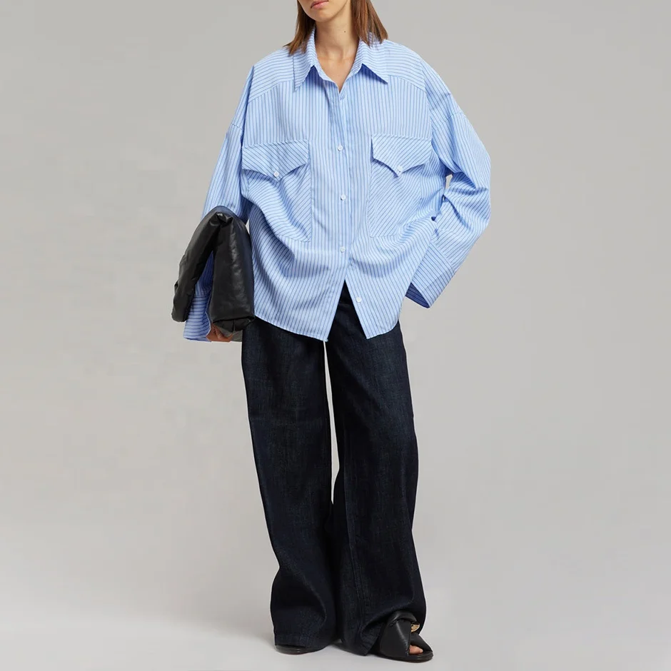 Oversized Stripes 100% Cotton Women Summer OfficIal Long Blouse Shirt Women Tops And Blouses