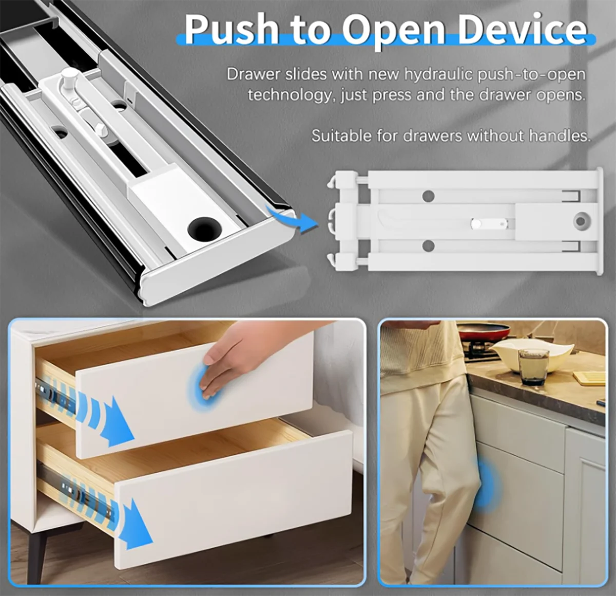 Wardrobe drawer cabinet push open drawer slides 3 fold full extension ball bearing telescopic channel  drawer glide runners