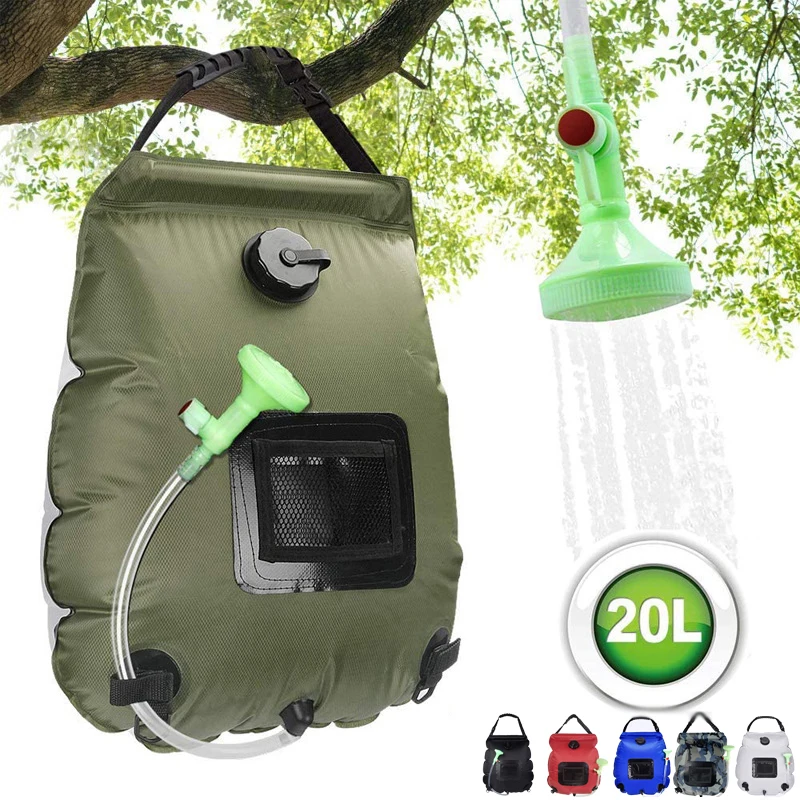 20L Large Capacity Solar Shower Bag Outdoor Camping Pvc Material Water Bag Mountaineering Soft Water Hose Shower Head Storage