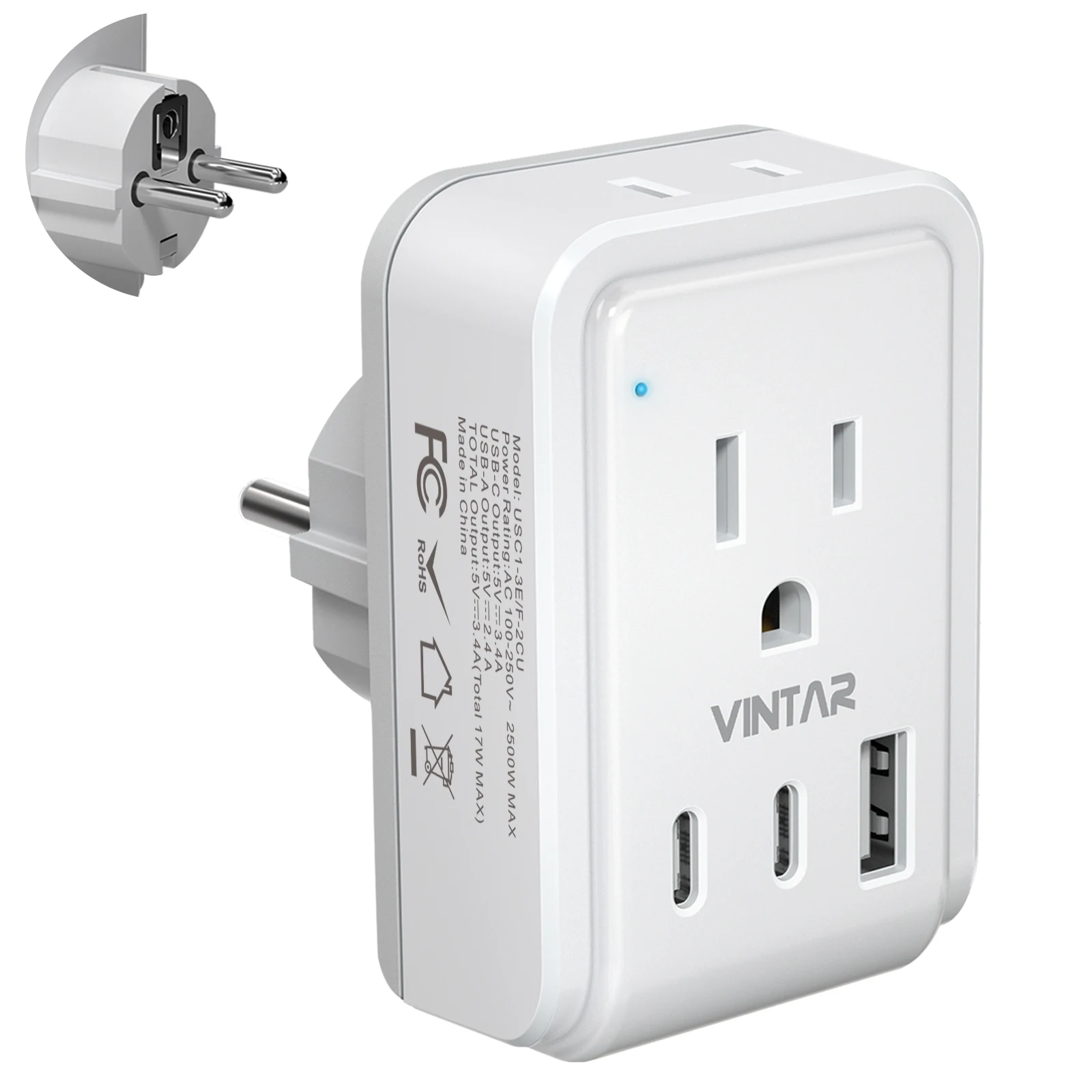 VINTAR Schuko Germany France Power Adapter Type E/F Plug Adapter  for US to France Travel Plug Adapter with 3USB Ports