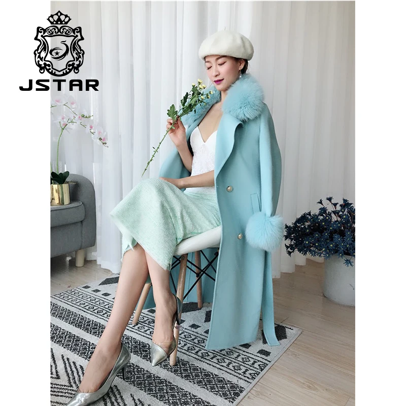 Real Fox Fur Collar Long Fur Cashmere Coat Oversized Trench Coat Belted Cashmere Sheepskin Shearling Fox Fur Coat