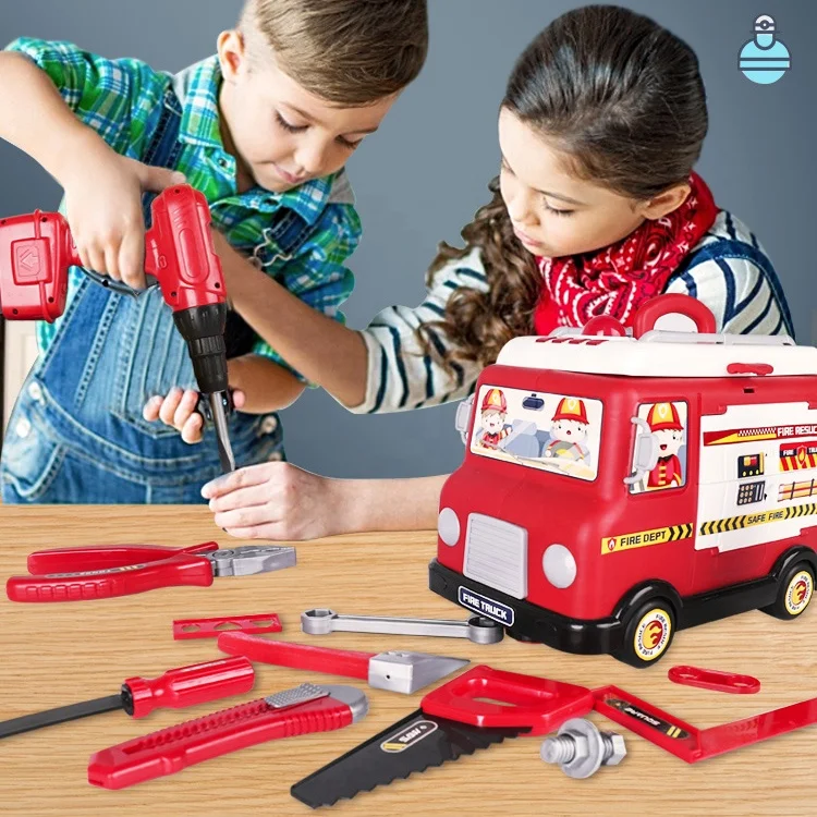 33pcs kids educational pretend play toys role play fireman plastic fire truck car toy with sound fire extinguisher boy tool toys