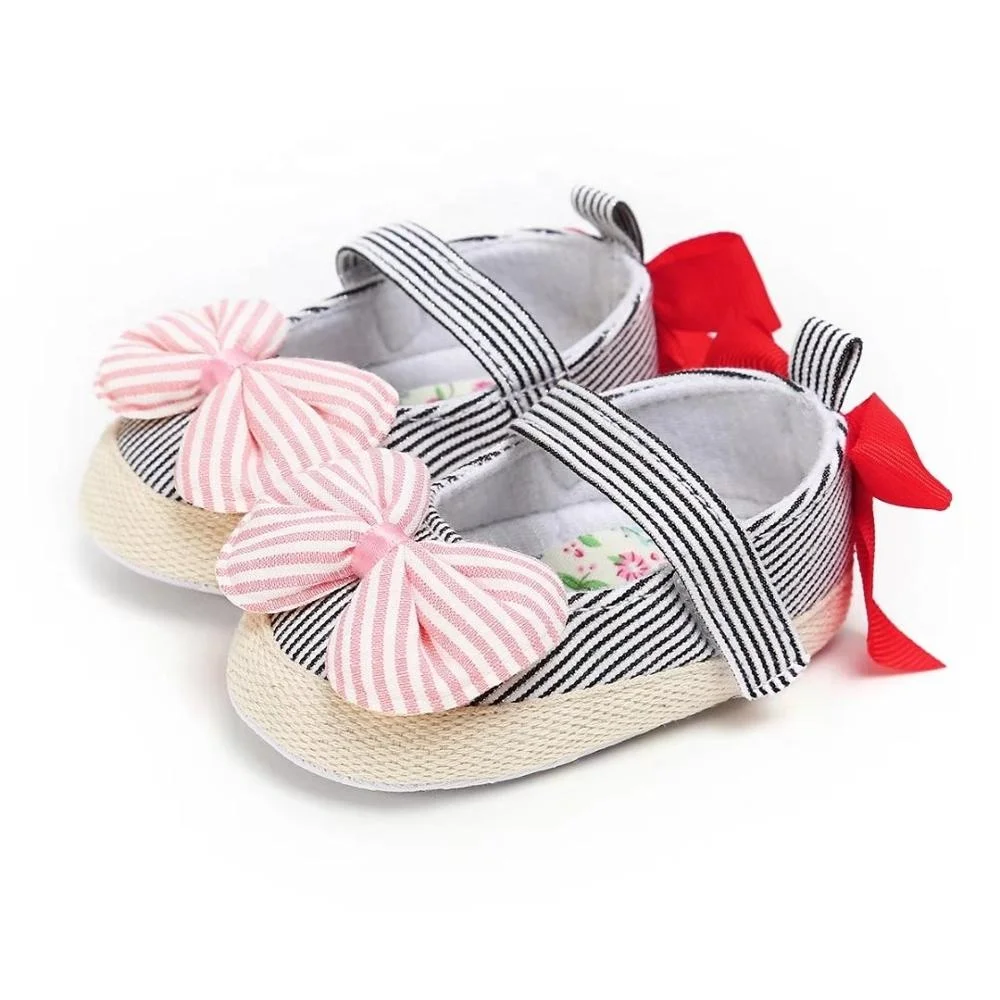 Fancy Infant Ribbon Bow Striped Baby Fabric Toddler Girl Dress Shoes