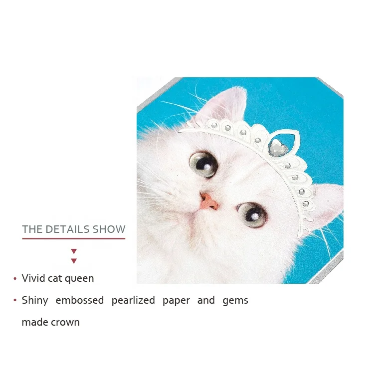 Elegant White Queen Cat Birthday Cards with Lovely Crown, Animal Handmade Custom Printing Greeting Cards