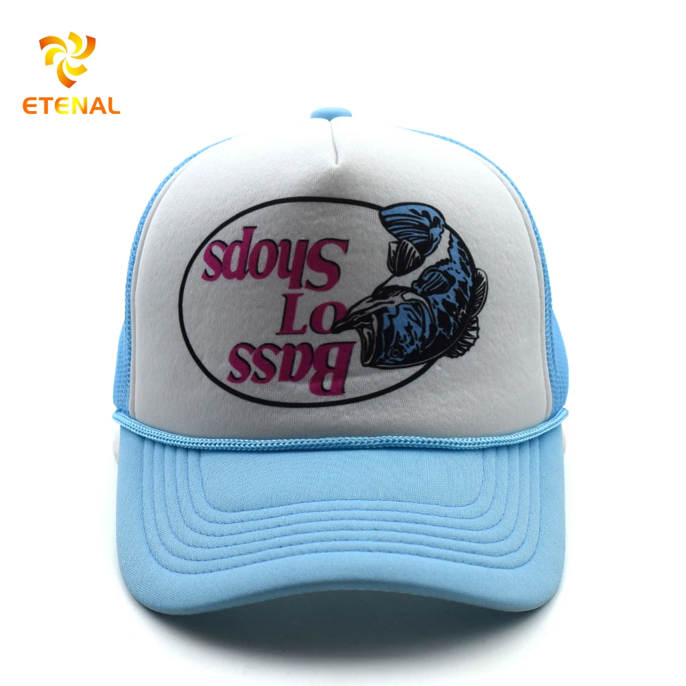 Custom 2 tones sky blue white color polyester trucker hat print 5 panel caps