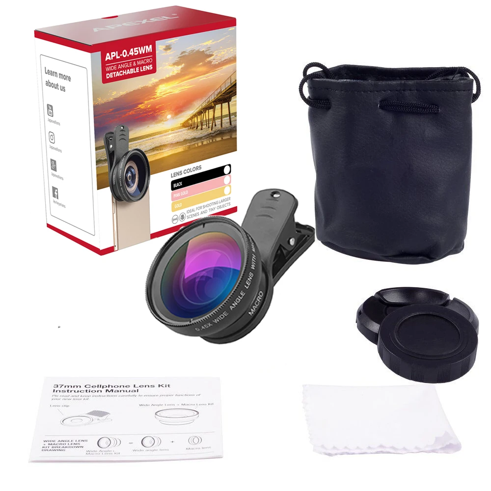 APEXEL 0.45X Wide Angle Lens 12.5X Macro Lens 2 in 1 Professional HD Cellphone Camera Lens Kit for Phone Android