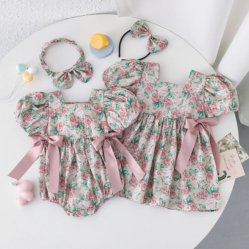 Latest 100% cotton toddler jumpsuit baby girls dress rose pattern rompers sister summer clothes suits newborn gift
