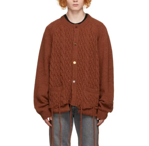 Wholesale Casual young men beading male Brown Recycled Cable Knit Men Cardigan sweater