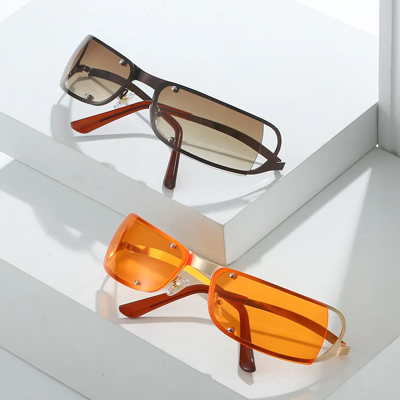 Metal Hollow Half Frame Cat Eyes Shades 2024 Red Lenses Sunglasses Fashion Vintage Y2K Rimless Sun Glasses For Women