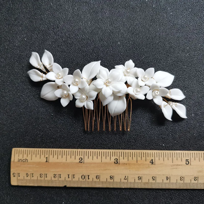 SLBRIDAL Handmade Rhinestones Pearls Ceramic Flower Leaf Bridal Hair Comb Wedding Headpieces Hair accessories Women Jewelry