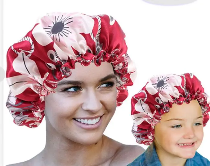 Wholesale Adults&kids Turban Elastic Rope Night Sleep Hat Printing Satin Silky Mommy and Baby Hair Bonnet Head Wrap TJM-451