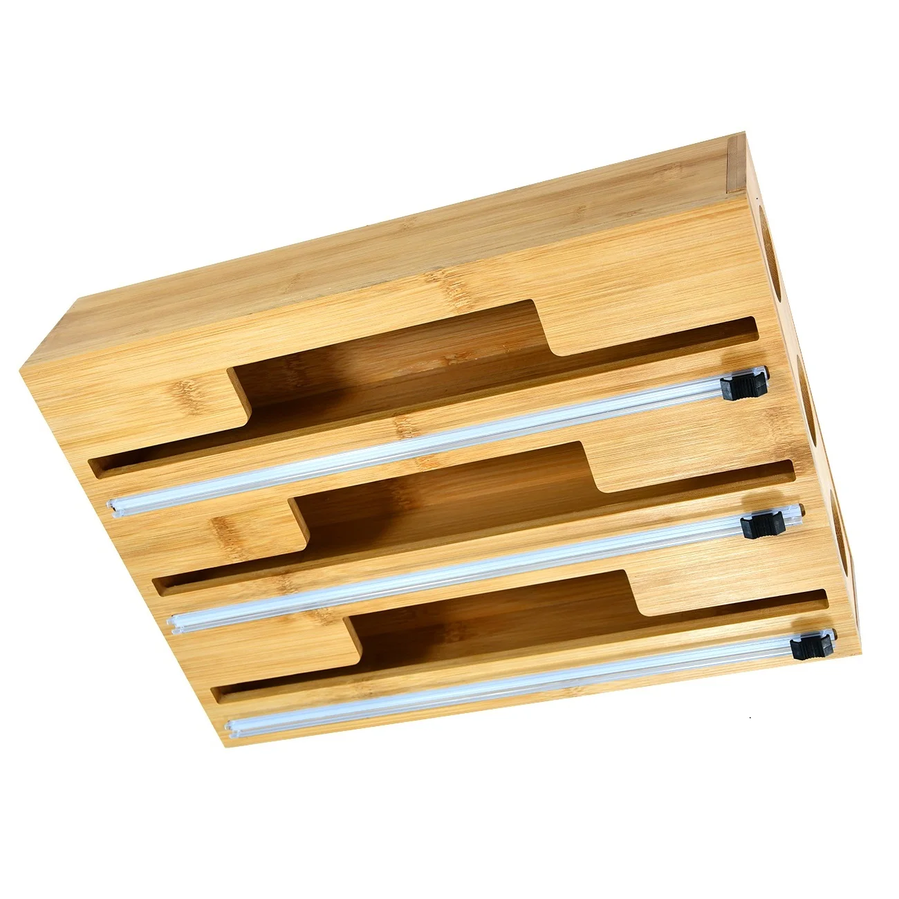 Wood Plastic Wrap Roll Organizer Holder 3 In 1 Bamboo Tin Foil Dispenser with Cutter and Labels Screw for Wall Mounted