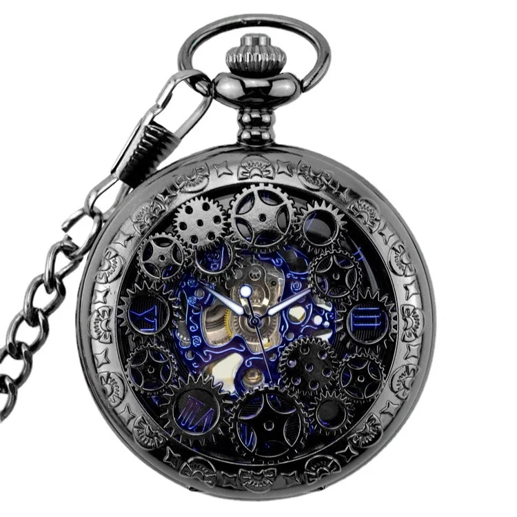 Hollow Manual Gear Watches Key Chain Retro Roman Mechanical Pocket Watch