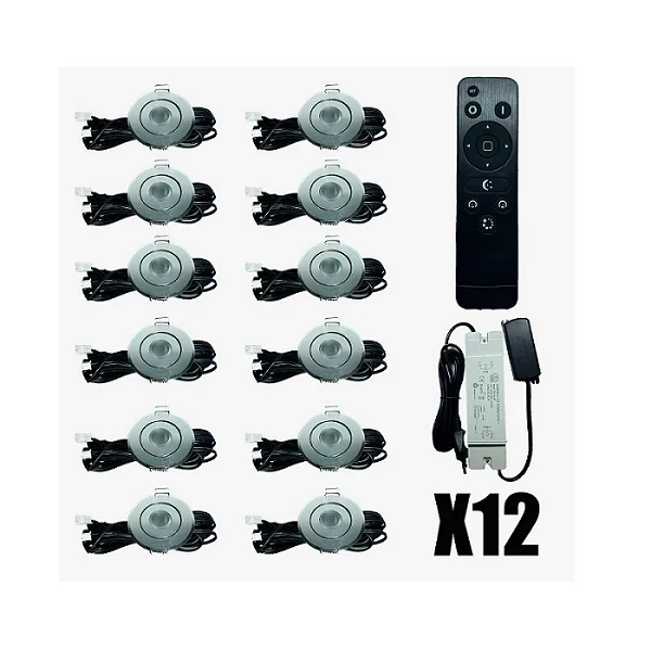 
12x LED Lighting 3W pivotable, Dimmable with Remote Control IP44 against Water Penetration 