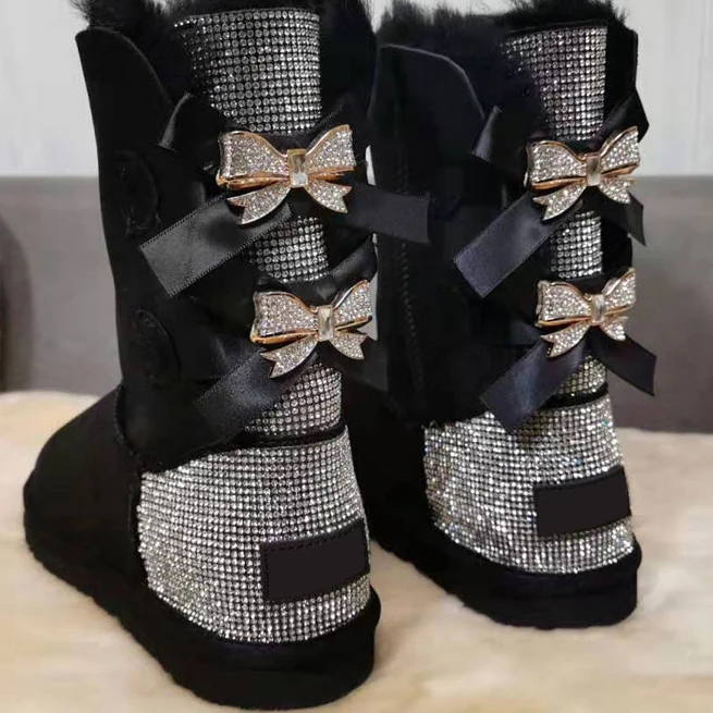2024 Wholesale fashion ladies sheepskin kids women winter snow ribbon fur boots with bows snoe boots