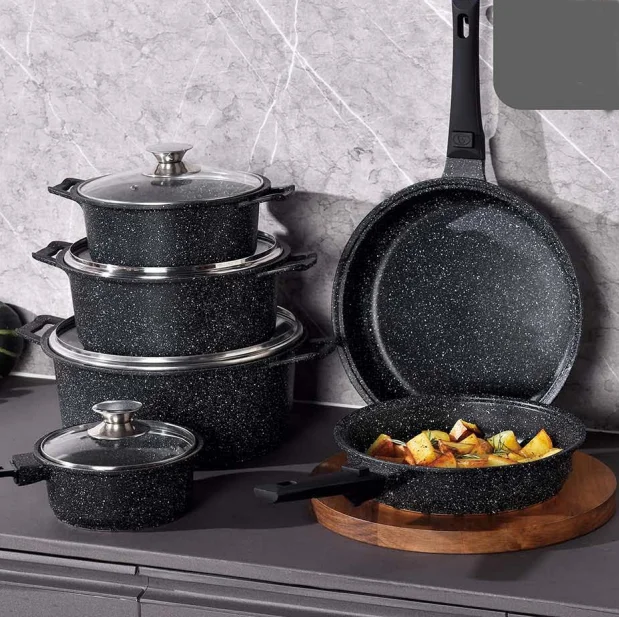 hot sell marble non-stick Dia Cast aluminium cookware set  With  glass lid Hole induction bottom
