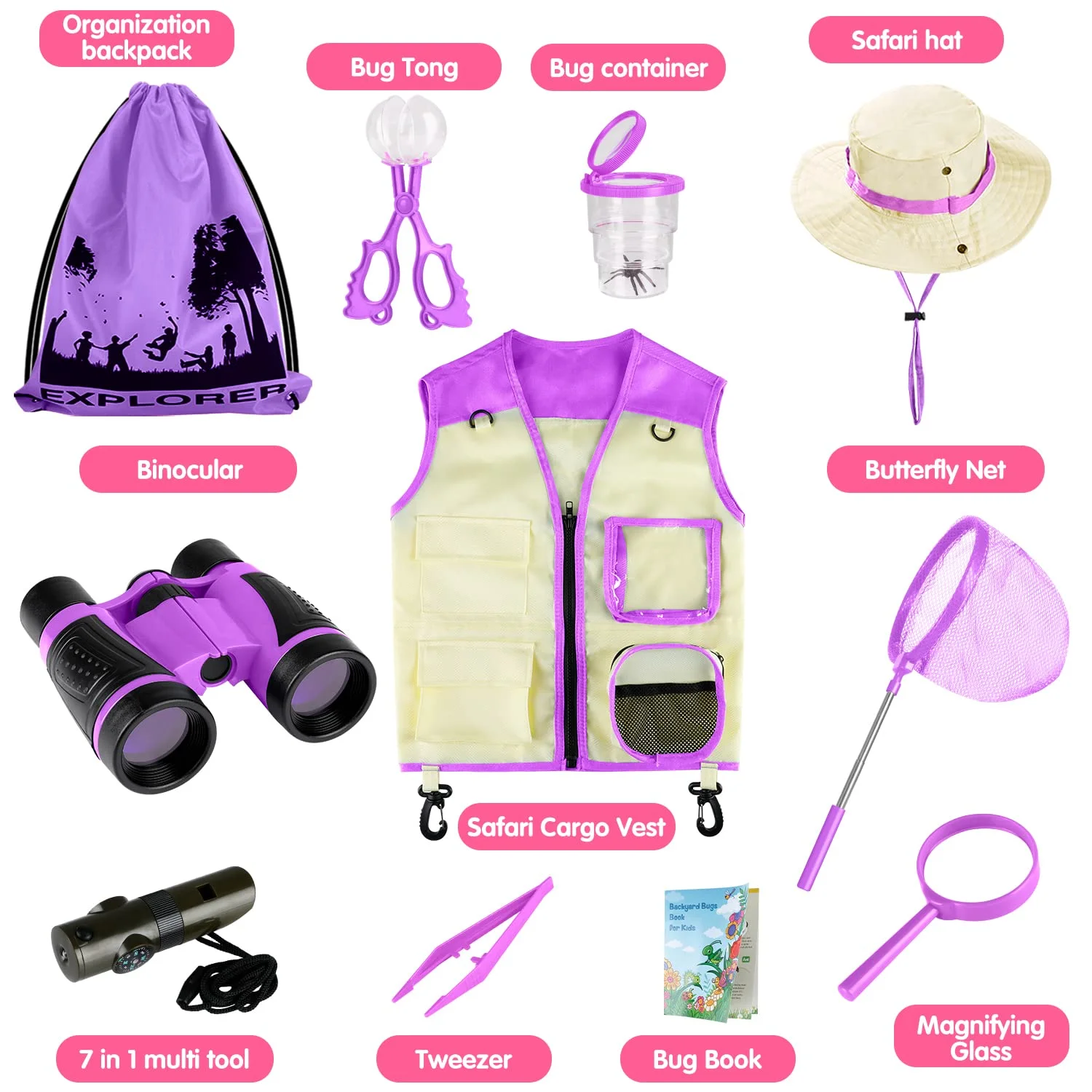 Outdoor Explorer Kit & Bug Catcher Kit for Kids with Hat Binocular Butterfly Net Whistle with Compass Magnifying Glass