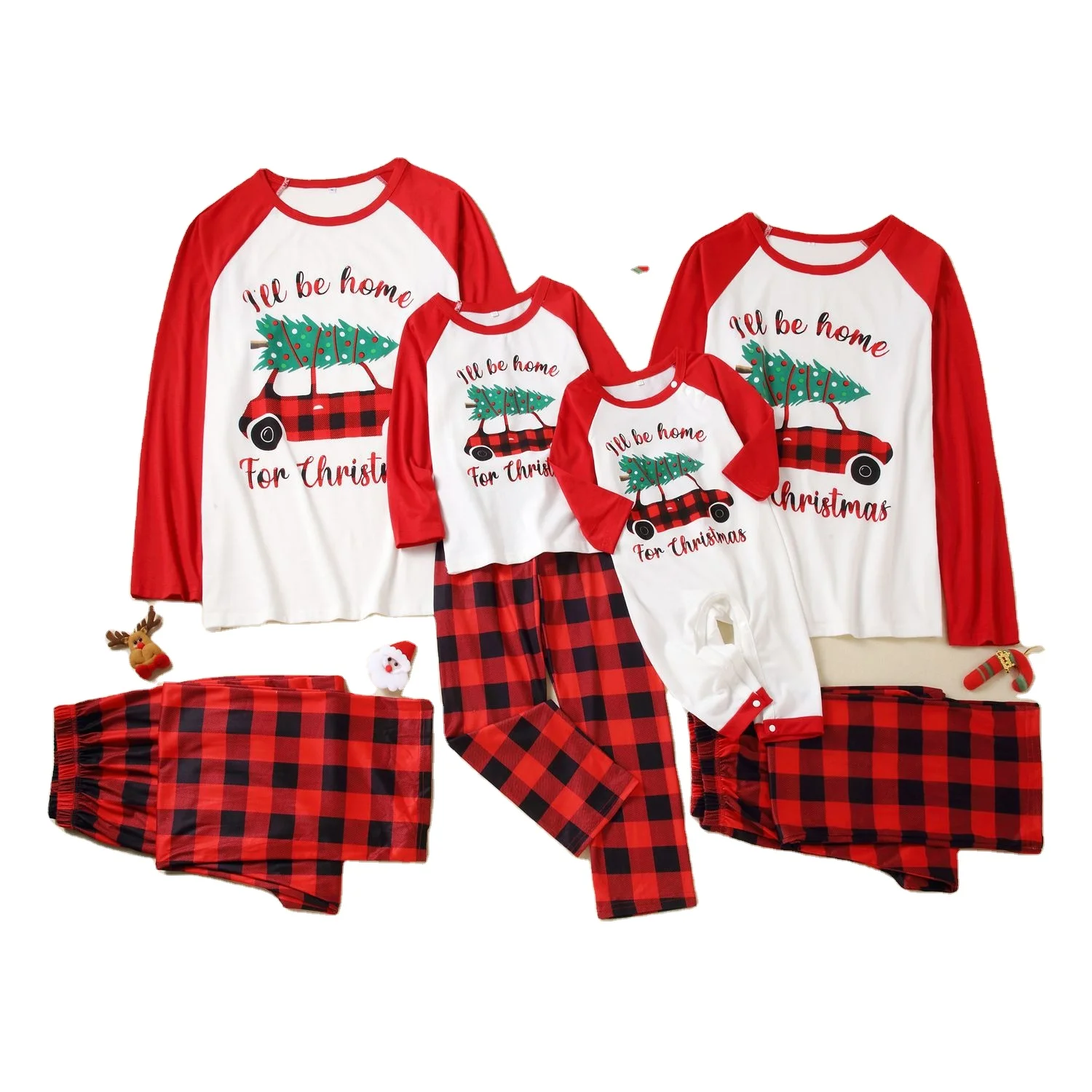 RTS Christmas Family Matching Pajamas Baby Romper Set Long Sleeve Pullover Shirts With Plaid Pants Knit Cotton