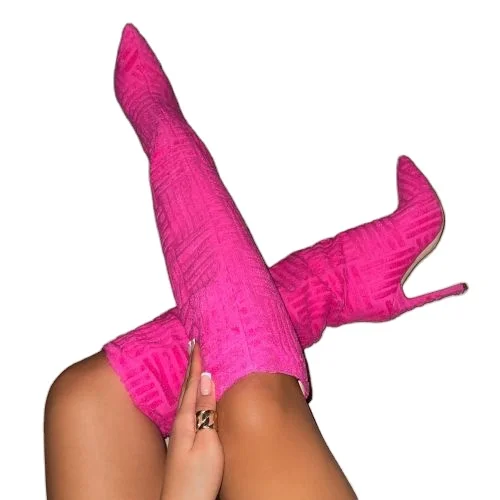 BSM1052 2022 new arrival Towel fabric material oversize knee high boots pink green white orange high heel boots