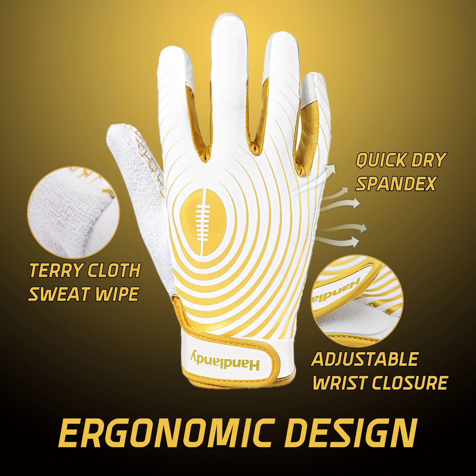 HANDLANDY brand stock wholesale golden Synthetic Leather silicone coating great grip Anti-slip kids American football gloves