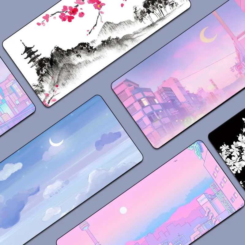 Ink Painting Large Mouse Pad Office Game Computer Keyboard Desk Pad Silica Gel Heat Transfer Fabric Surface Rubber Mouse Pad