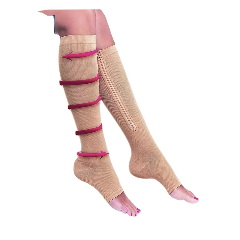 AJ18179 OEM Medical 20-30 mmHg Copper Compression Socks Open Toe Leg Support Stocking Knee High Socks with Zipper