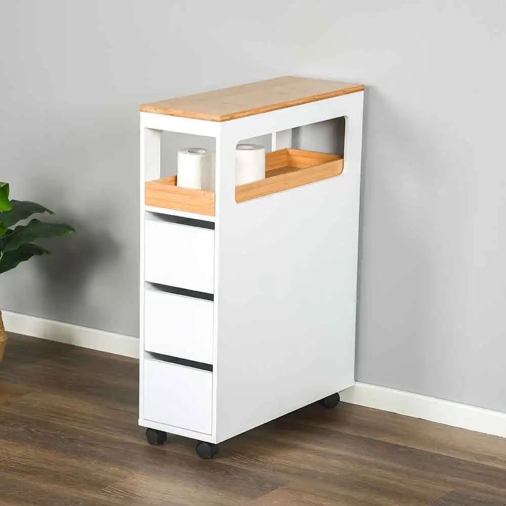 Factory Wholesale 4-layers Locker Wooden White Cabinet Organizer Storage Racks Toilet Shelf Bathroom Shelves With Wheels Drawers