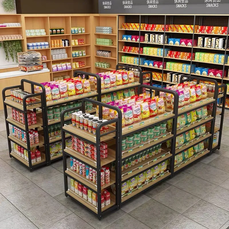 Custom Wood Shelving supermarket wooden display rack retail shelves with led supermarket display shelves