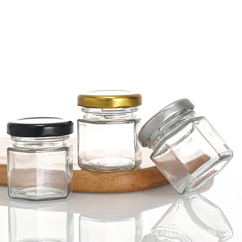 Different sizes food grade mini jam glass cheap 45ml honey glass jars with golden lid, wood muddler, card